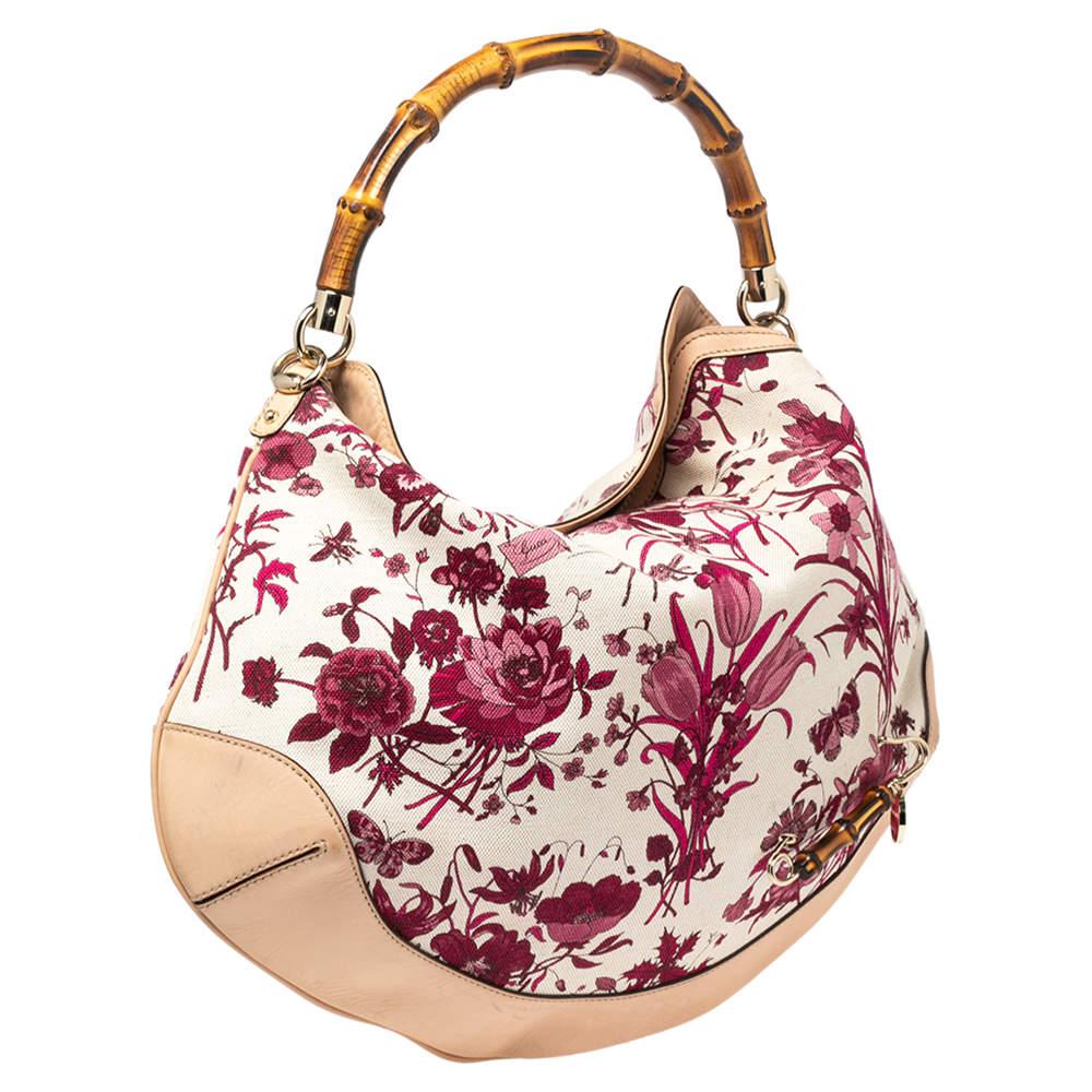 Women's Gucci White/Pink Floral Canvas and Leather Peggy Bamboo Handle Hobo For Sale