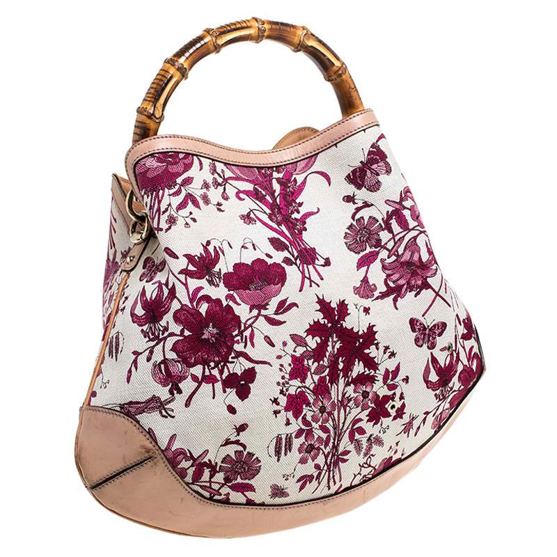 Women's Gucci White/Pink Floral Canvas and Leather Peggy Bamboo Handle Hobo