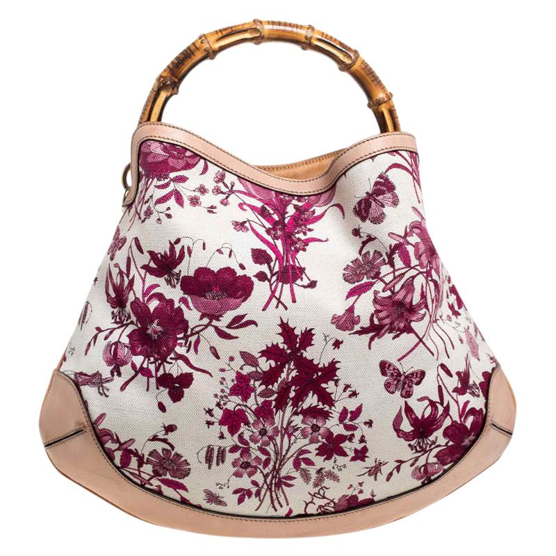 Gucci White/Pink Floral Canvas and Leather Peggy Bamboo Handle Hobo