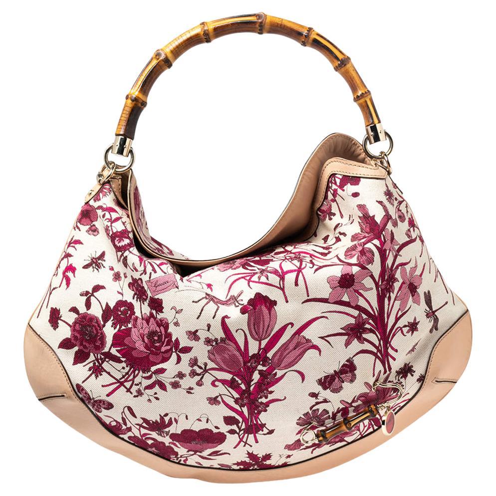 Gucci White/Pink Floral Canvas and Leather Peggy Bamboo Handle Hobo For Sale