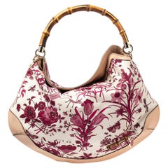 Vintage Gucci White/Pink Floral Canvas and Leather Peggy Bamboo Handle Hobo