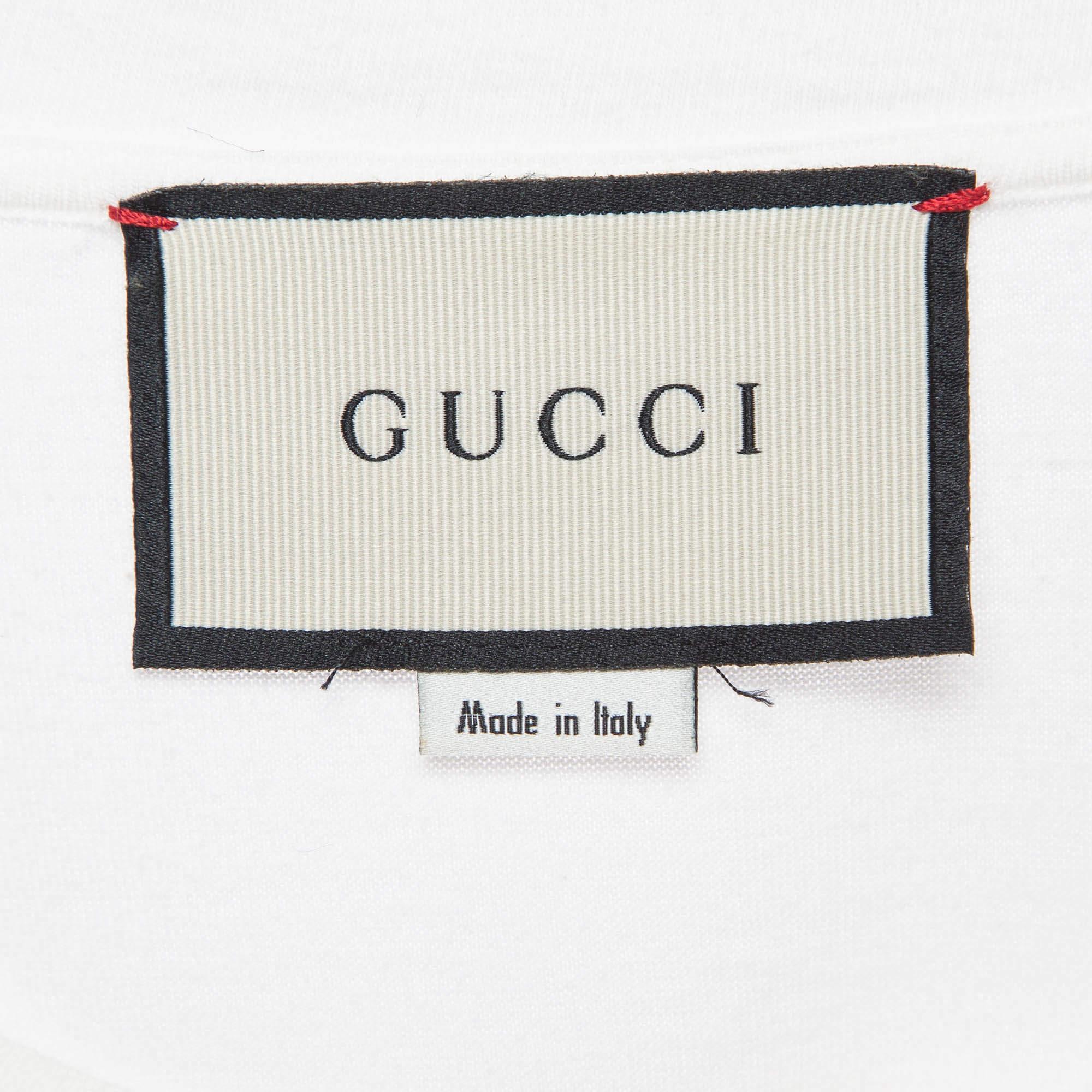 Weißes T-Shirt aus bedruckter Baumwolle mit Applique-Details von Gucci S Herren im Angebot