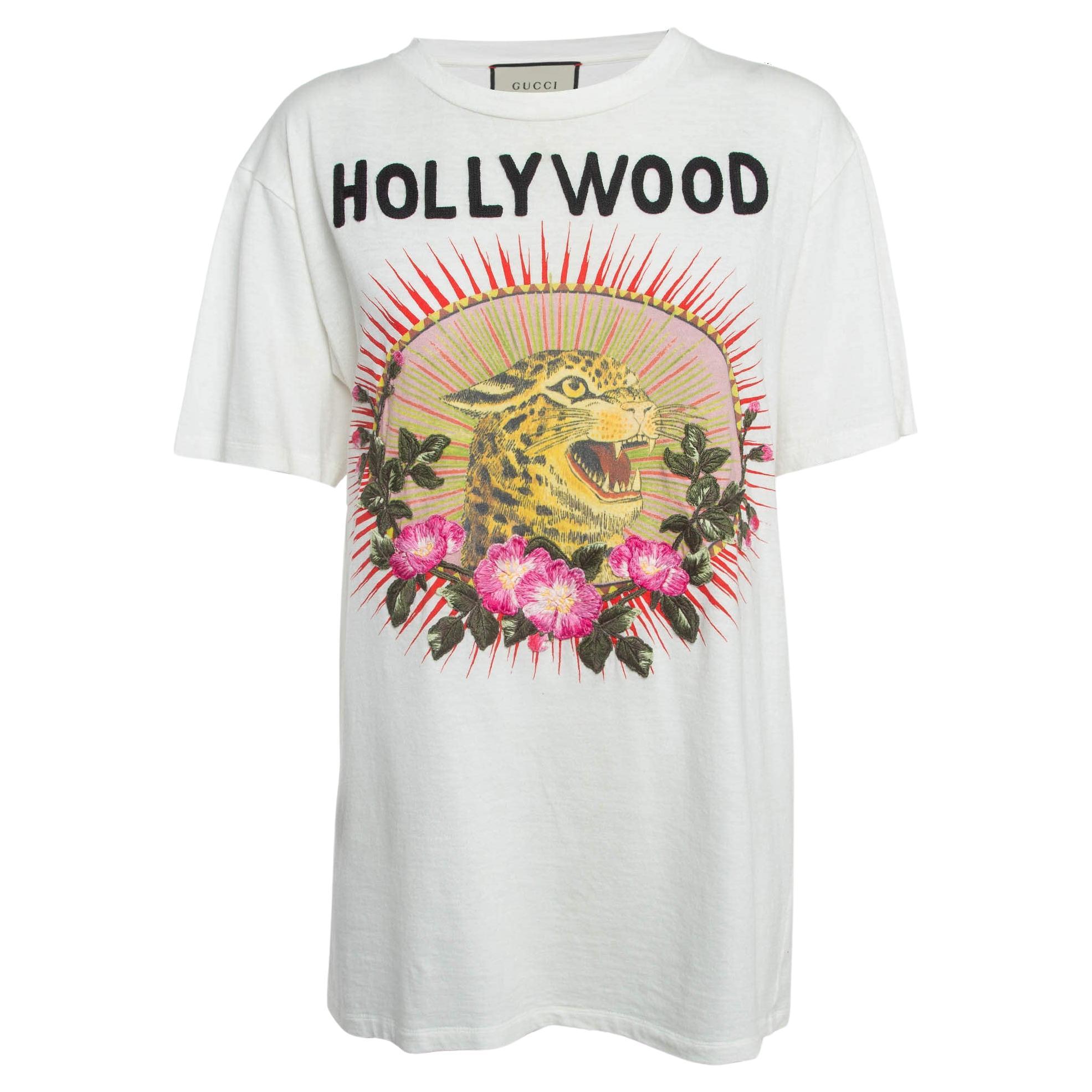 Weißes T-Shirt aus bedruckter Baumwolle mit Applique-Details von Gucci S im Angebot