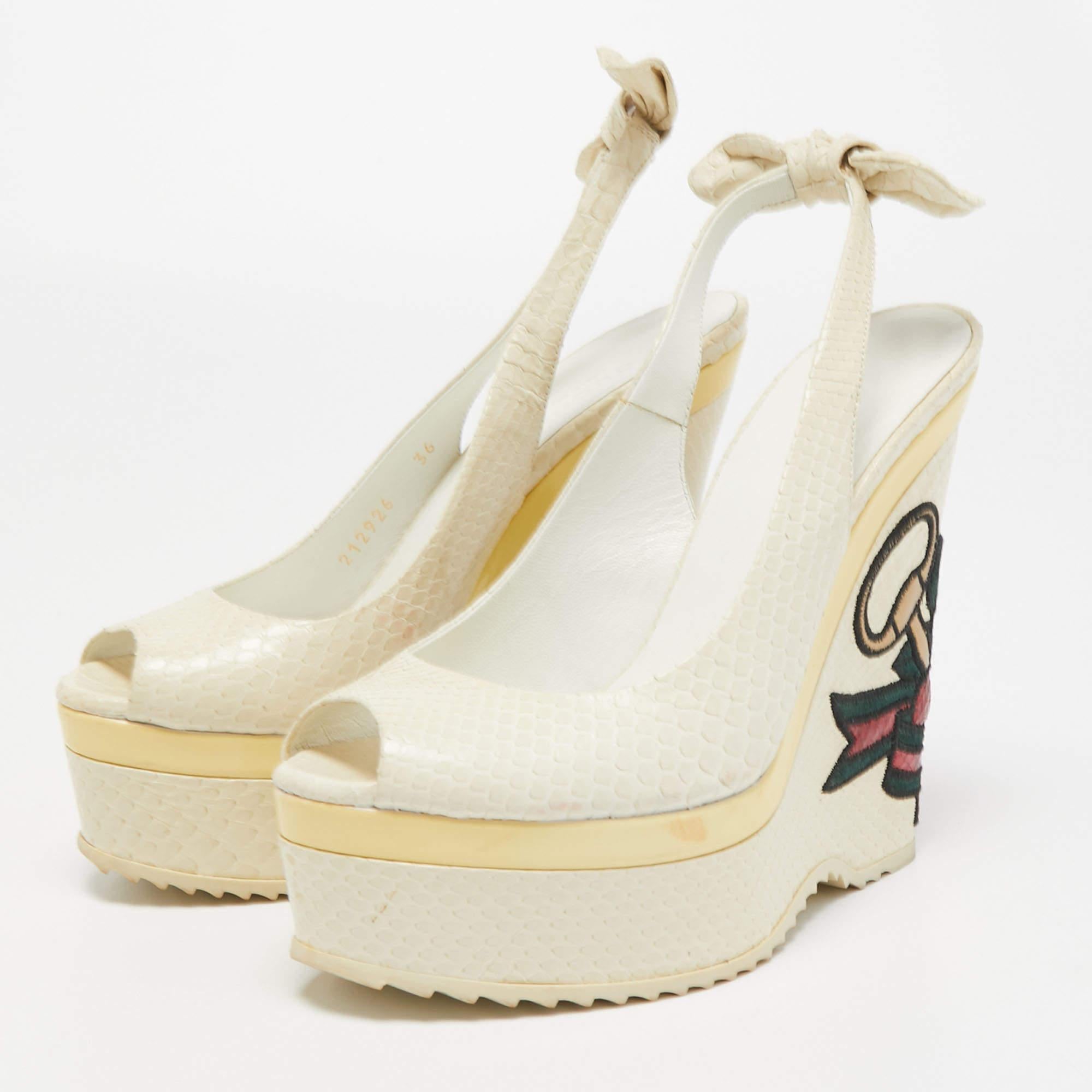Gucci White Python Unicef Tattoo Slingback Wedge Sandals 36 For Sale 1