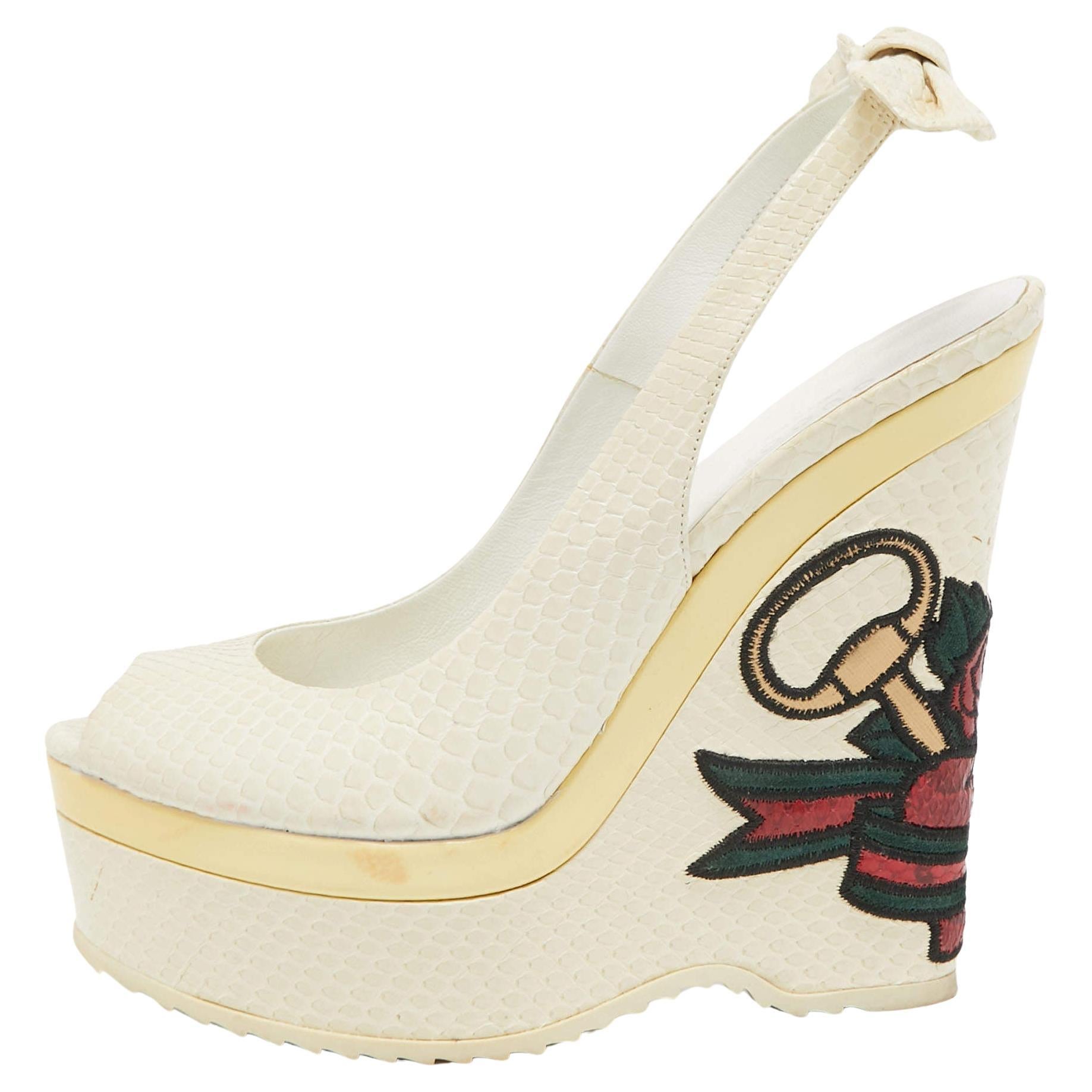 Gucci White Python Unicef Tattoo Slingback Wedge Sandals 36 For Sale