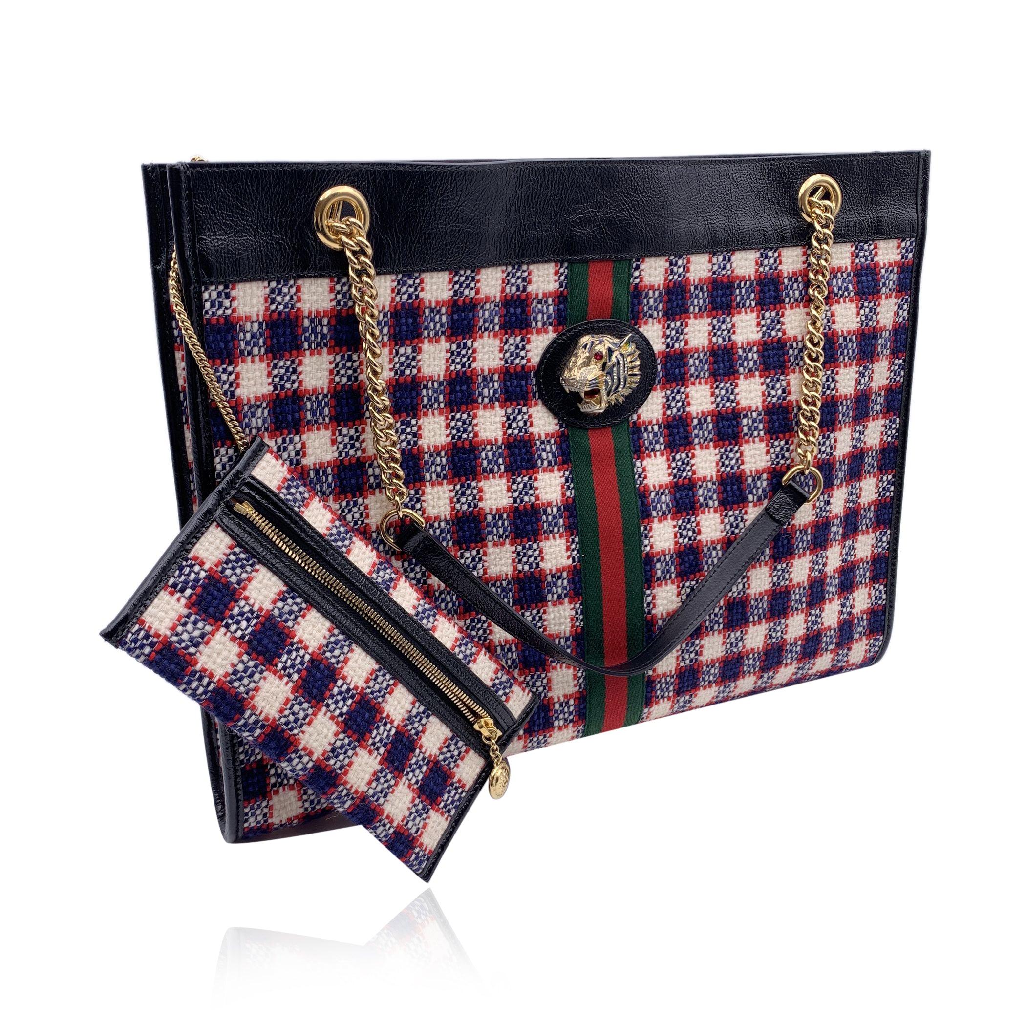 Gucci White Red Blue Rajah Checked Tweed Large Tote Shoulder Bag In Excellent Condition In Rome, Rome