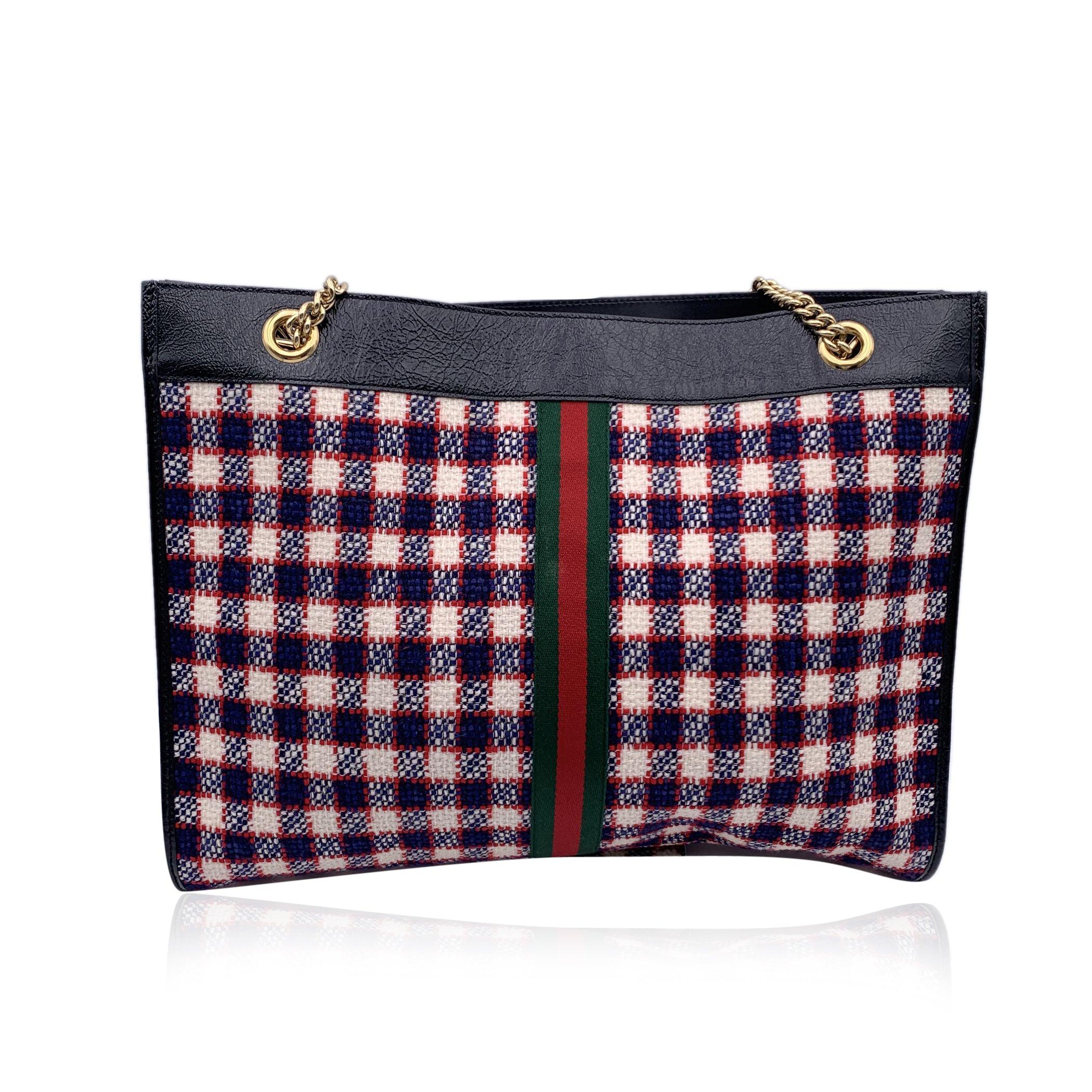 Women's Gucci White Red Blue Rajah Checked Tweed Large Tote Shoulder Bag