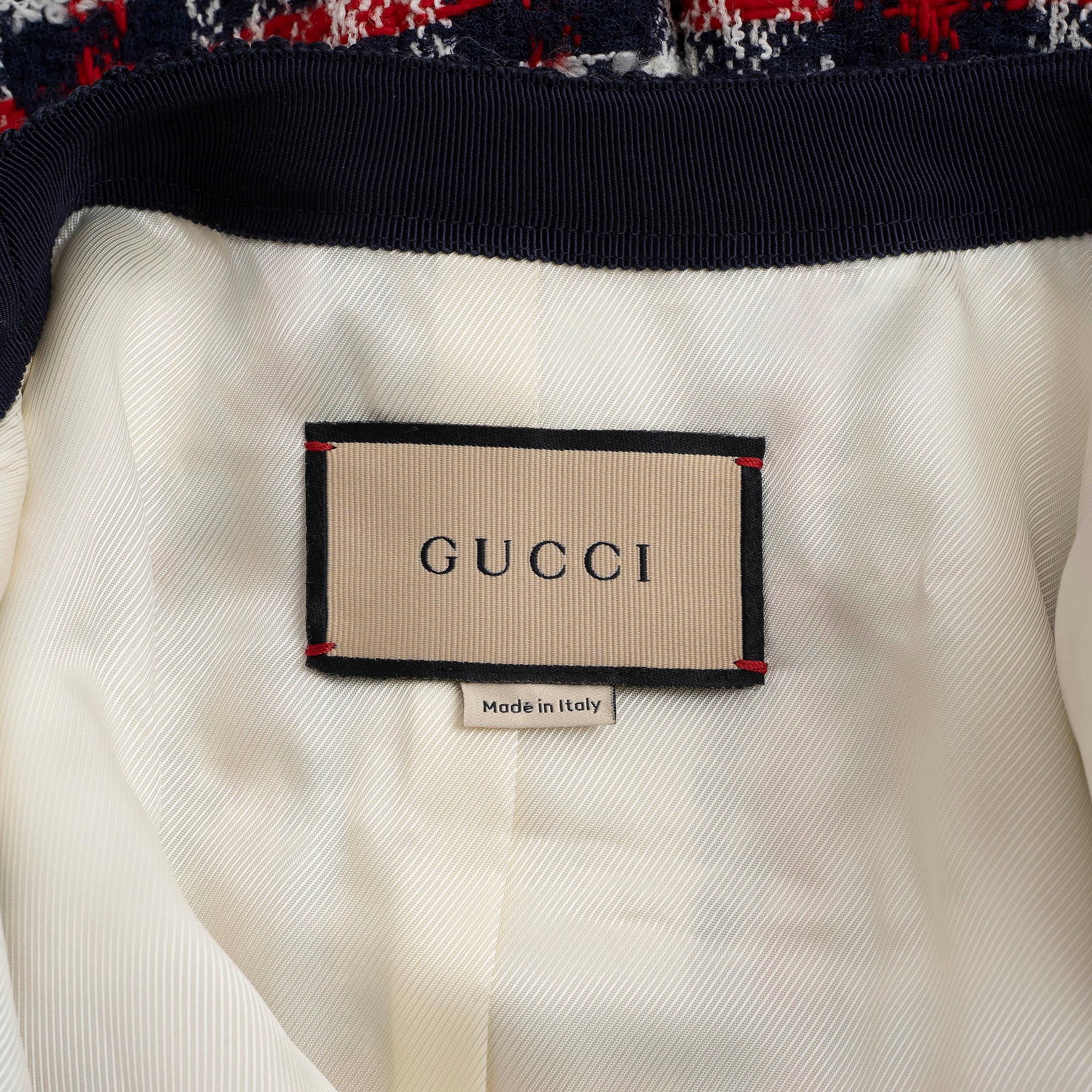 GUCCI blanc rouge bleu blanc laine mélangée 2022 CHECK TWEED Veste 42 M en vente 2