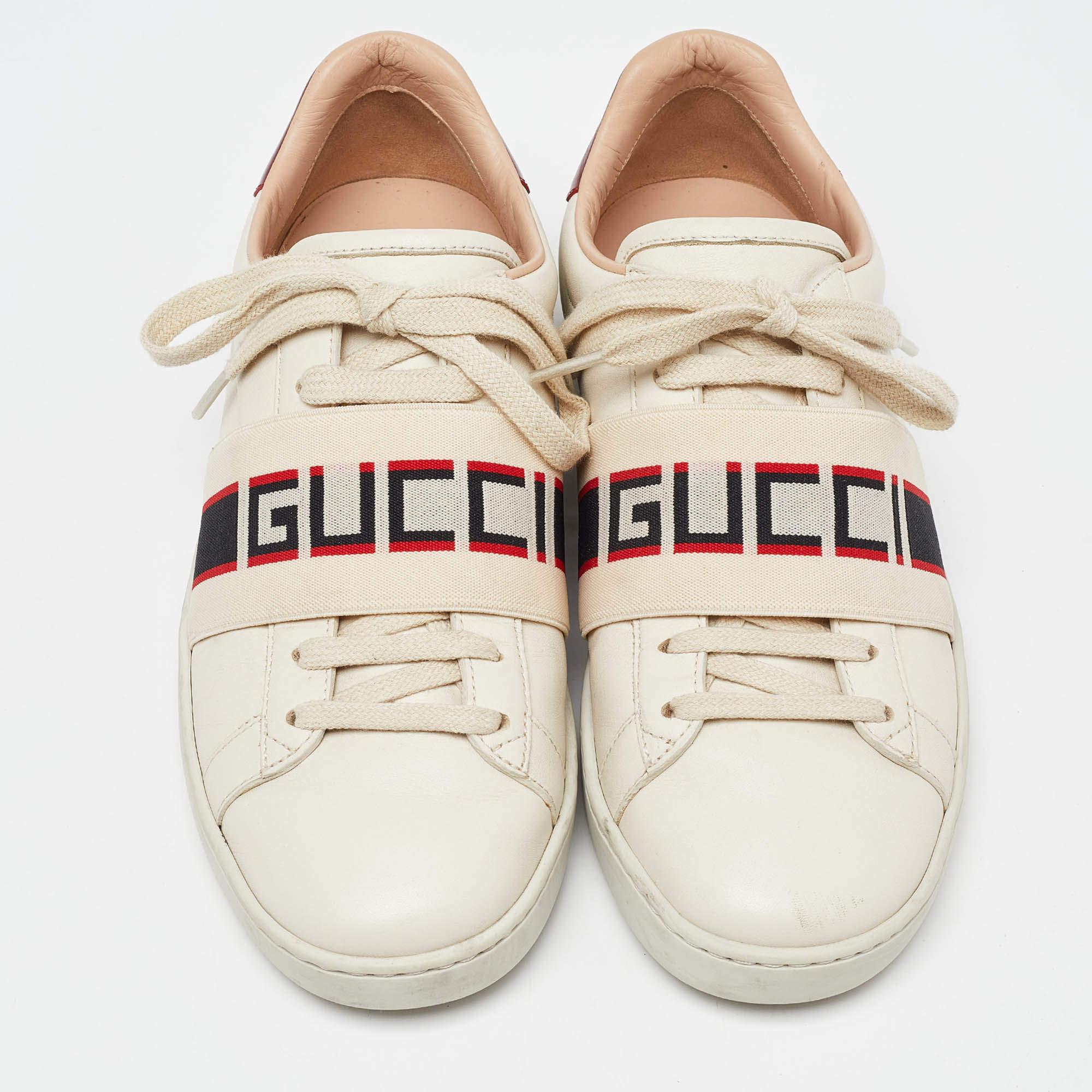Beige Gucci White/Red Leather Ace Gucci Band Low Top Sneakers Size 37