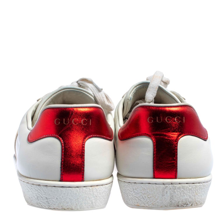 Gucci White/Red Leather Ace Gucci Band Low Top Sneakers Size 42.5 For Sale  at 1stDibs