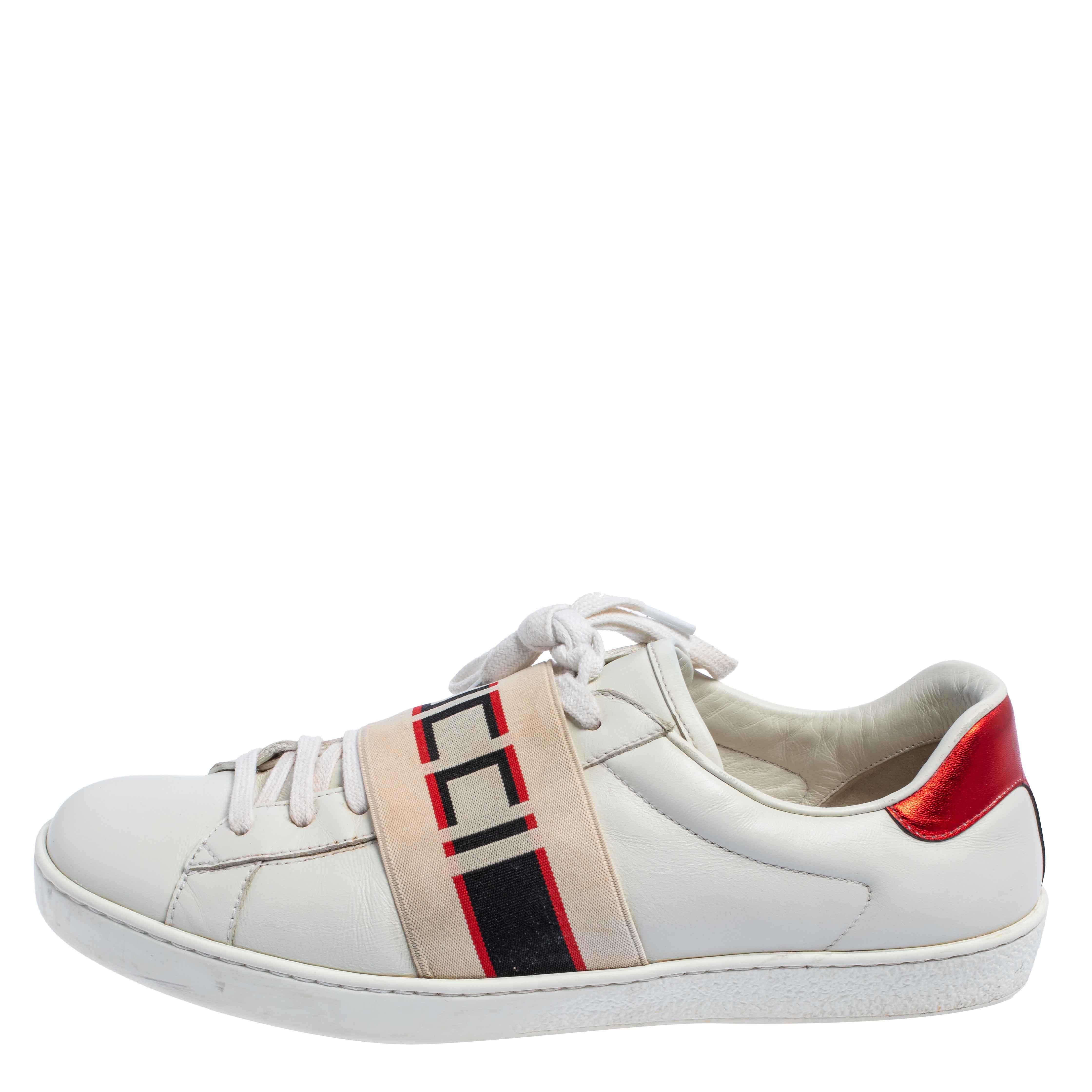 Gray Gucci White/Red Leather Ace Gucci Band Low Top Sneakers Size 42.5