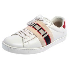 Gucci Weiß/Rote Leder Ace Gucci Band Low Top Turnschuhe Größe 42,5