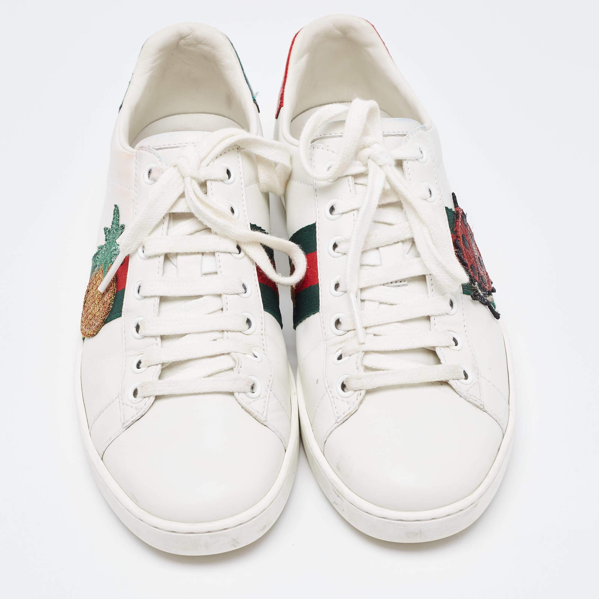 Gray Gucci White/Red Leather and Snake Embossed Leather Ace Pineapple Sneakers Size 3
