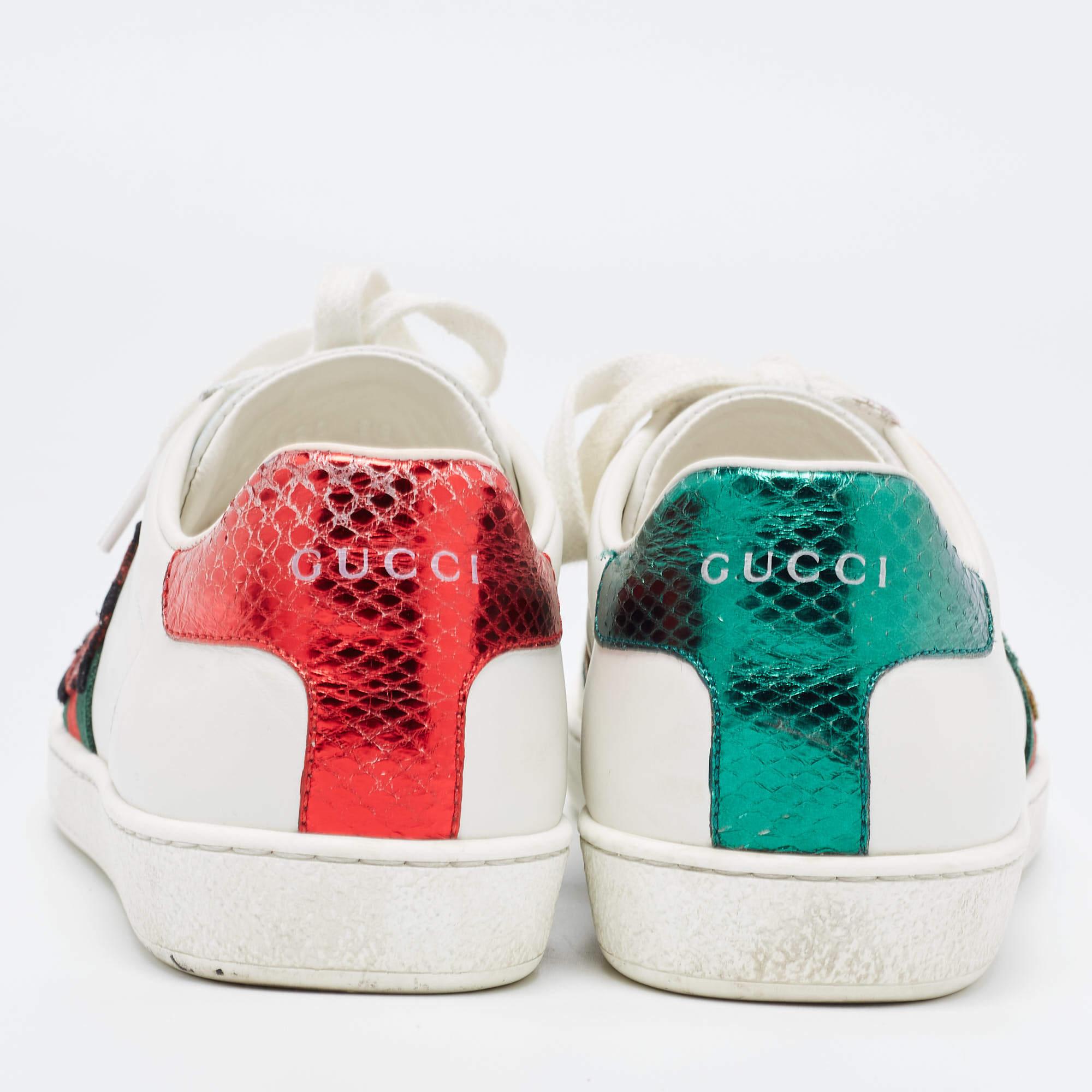 Gucci White/Red Leather and Snake Embossed Leather Ace Pineapple Sneakers Size 3 2