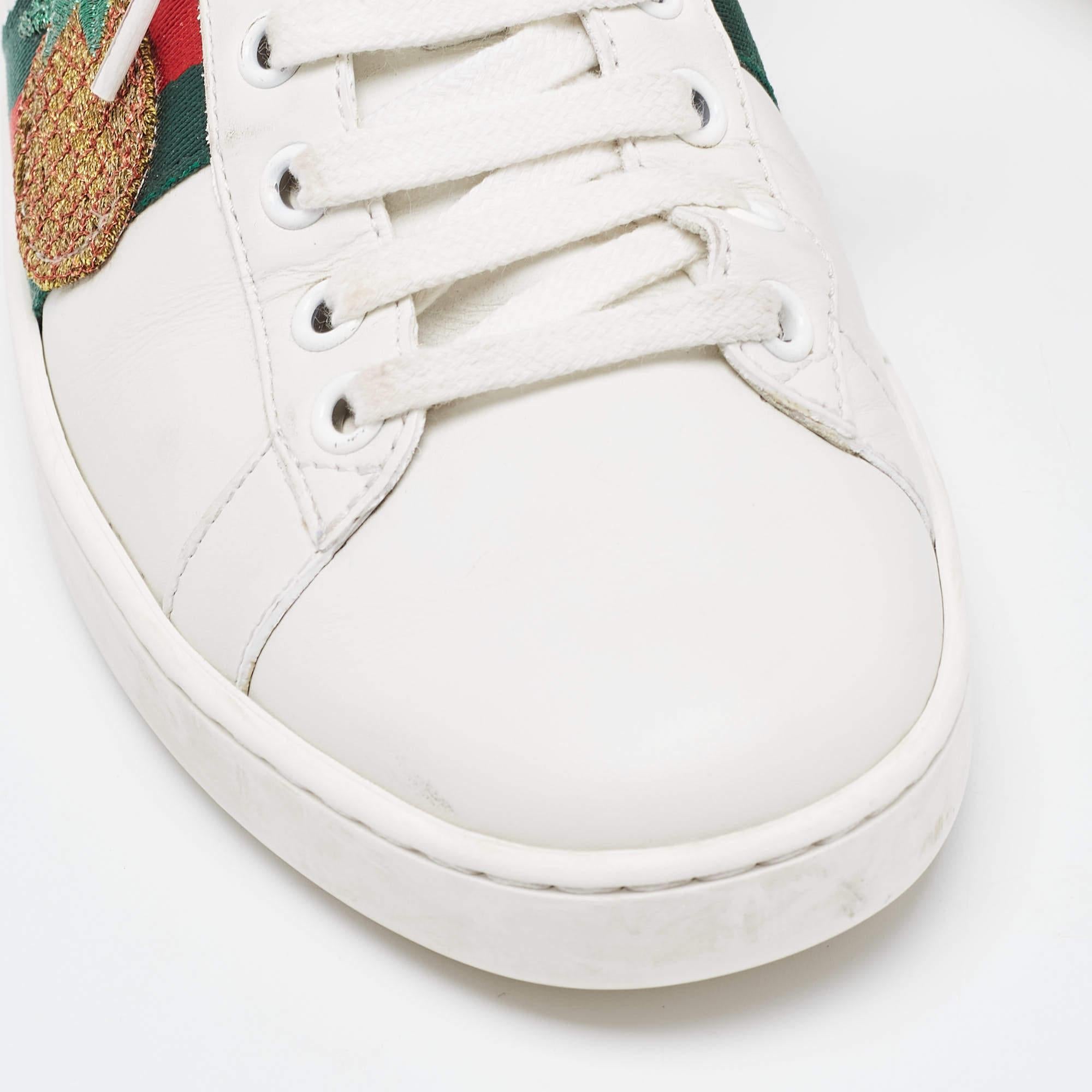 Gucci White/Red Leather and Snake Embossed Leather Ace Pineapple Sneakers Size 3 3