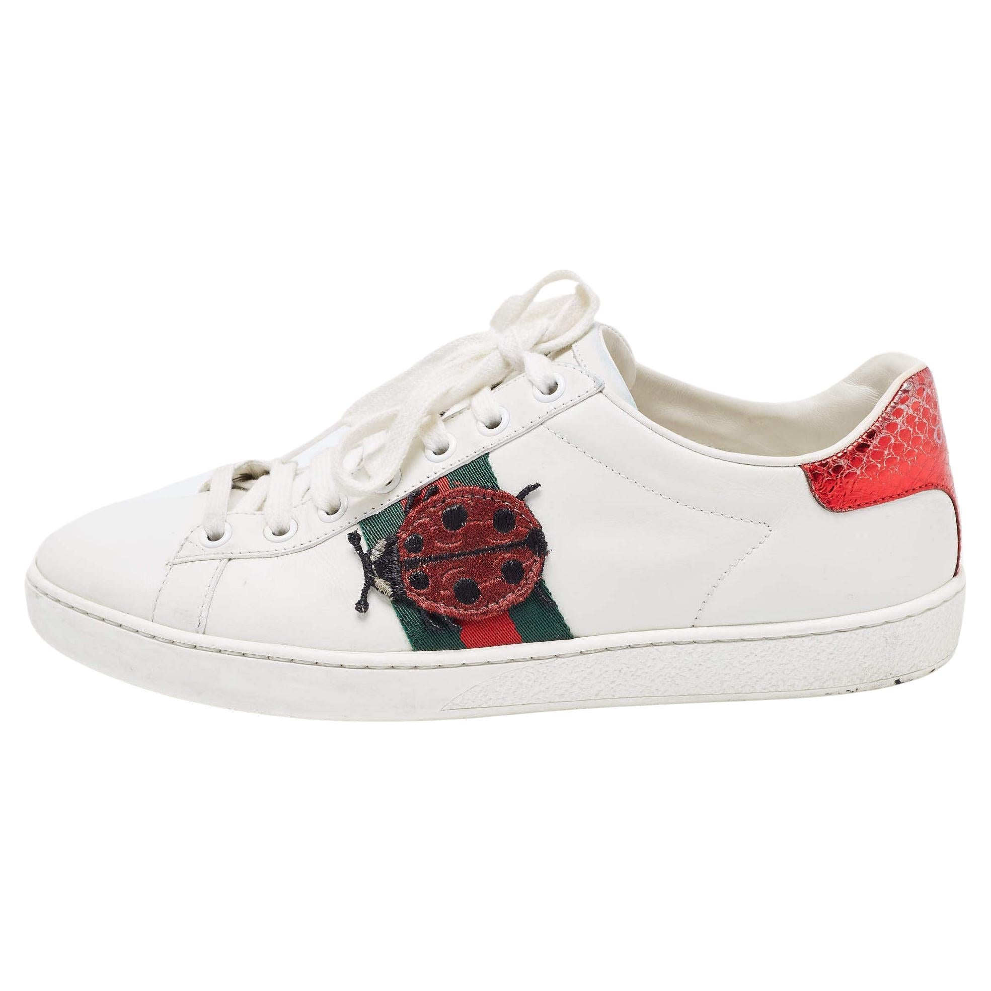 Gucci White/Red Leather and Snake Embossed Leather Ace Pineapple Sneakers Size 3
