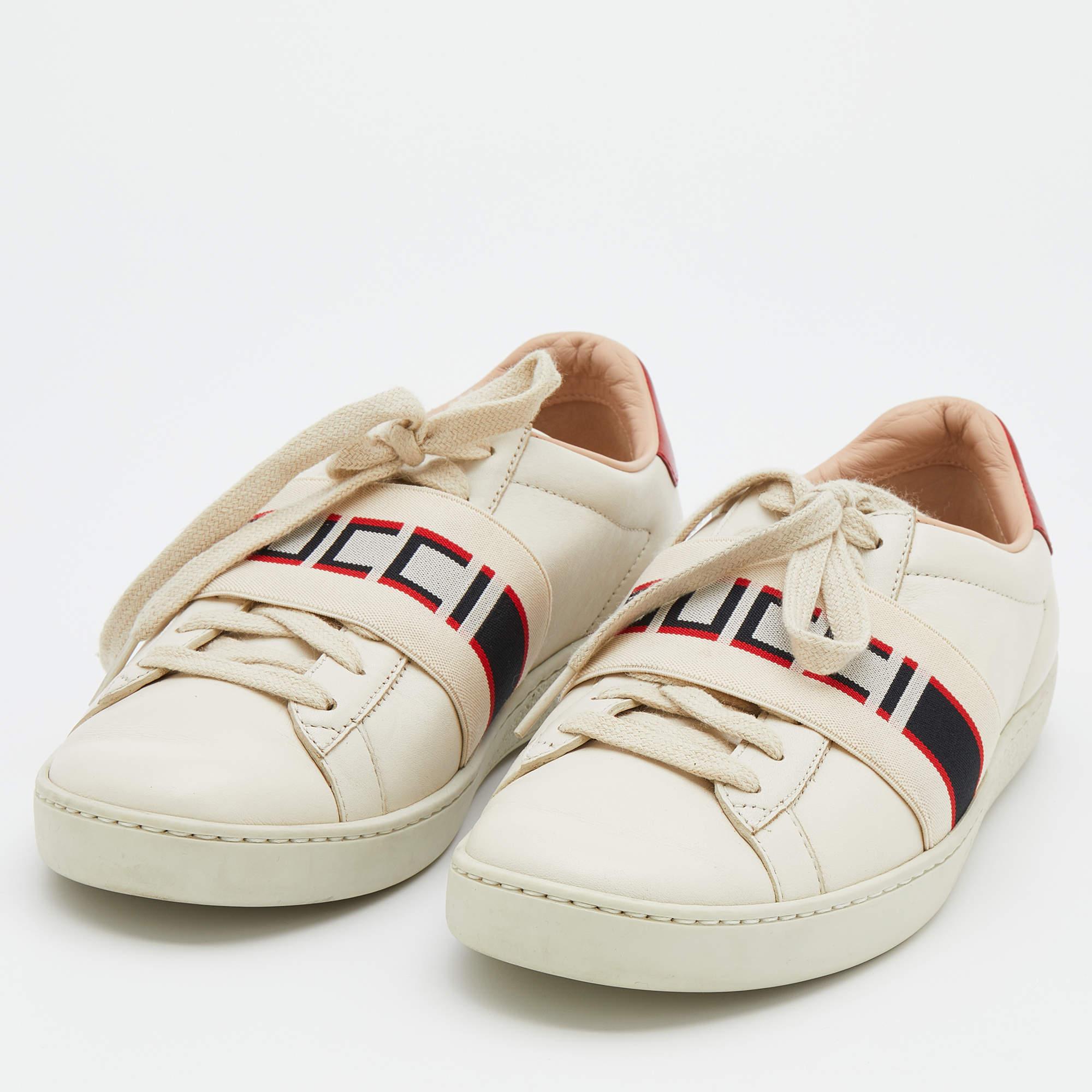 Women's Gucci White/Red Leather Elastic Band Ace Low Top Sneakers Size 37