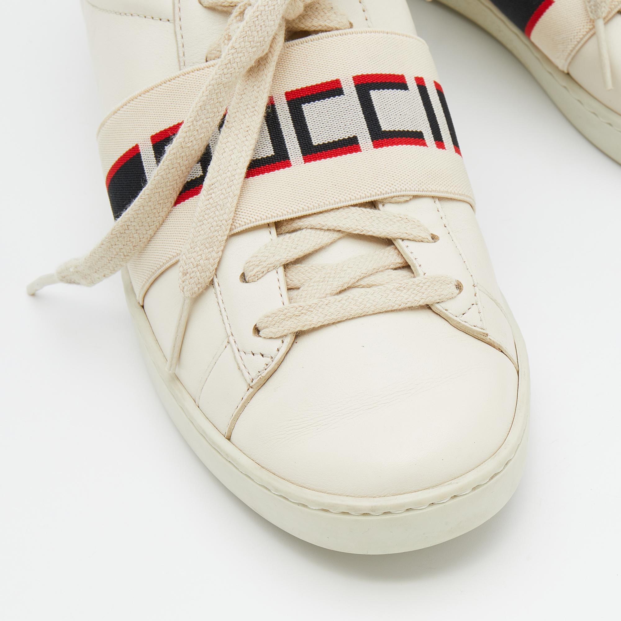 Gucci White/Red Leather Elastic Band Ace Low Top Sneakers Size 37 In Good Condition In Dubai, Al Qouz 2