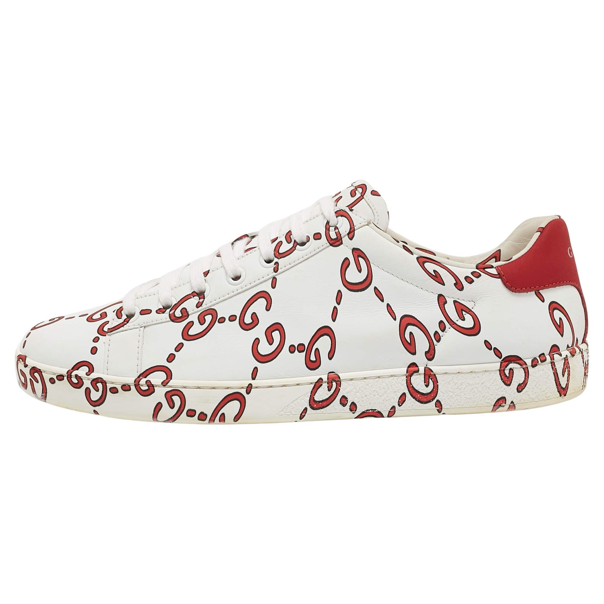 Gucci White/Red Leather Ghost GG Ace Sneakers Size 40 For Sale