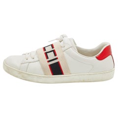 Gucci White/Red Leather New Ace Logo Strap Sneaker Size 35.5