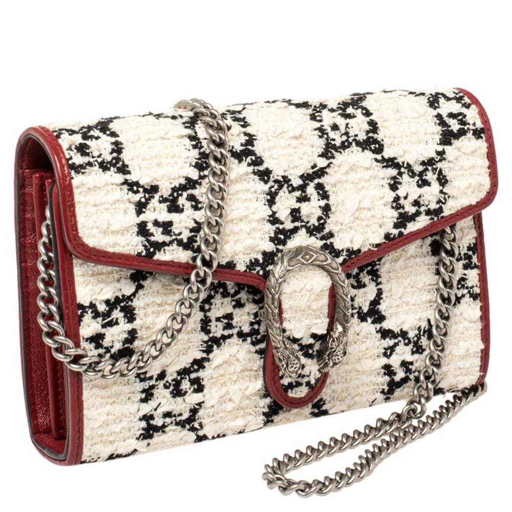 Beige Gucci White/Red Tweed and Leather Mini Dionysus Shoulder Bag