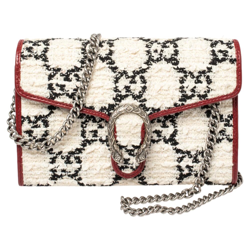 Gucci White/Red Tweed and Leather Mini Dionysus Shoulder Bag