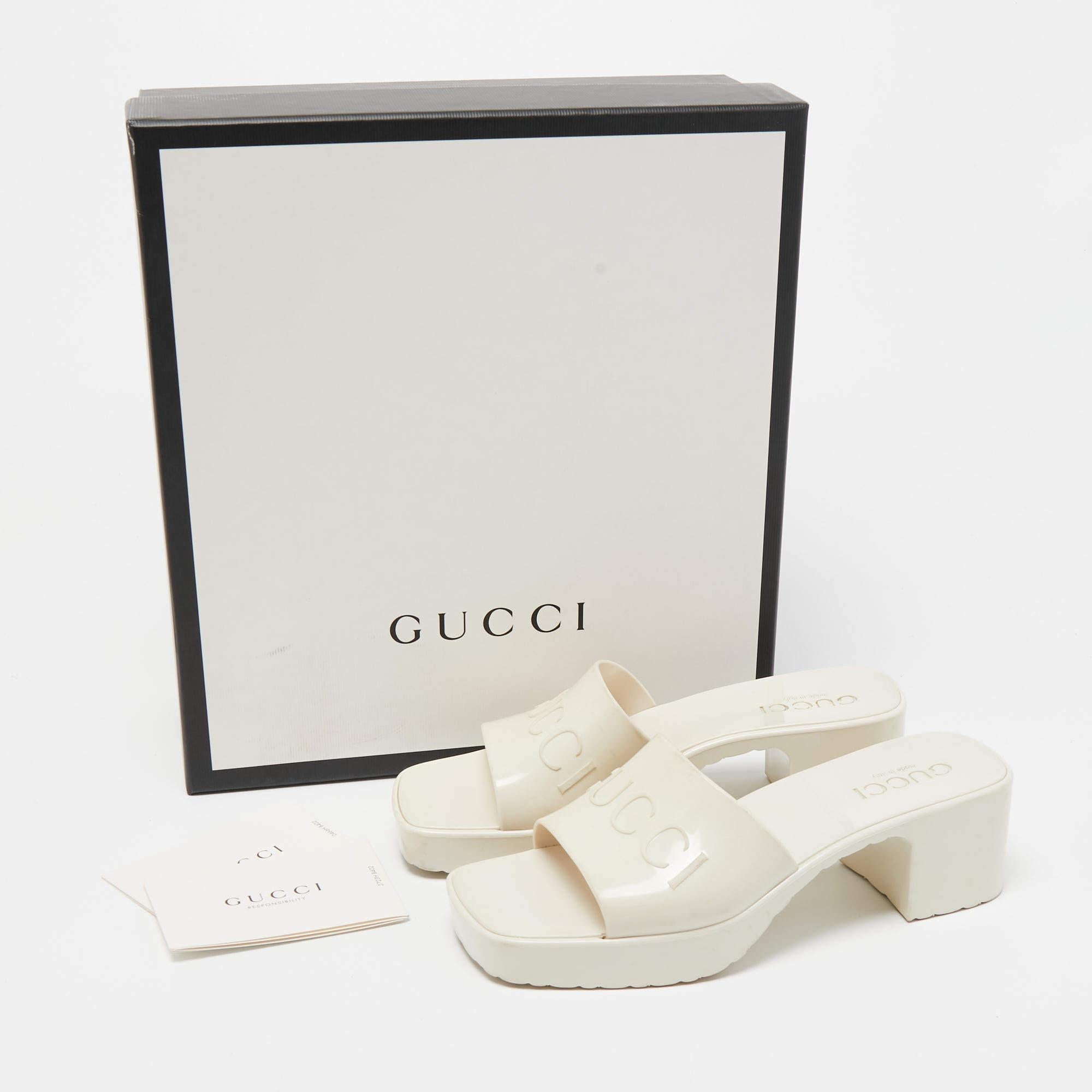 Gucci White Rubber Block Heel Slide Sandals Size 35 4