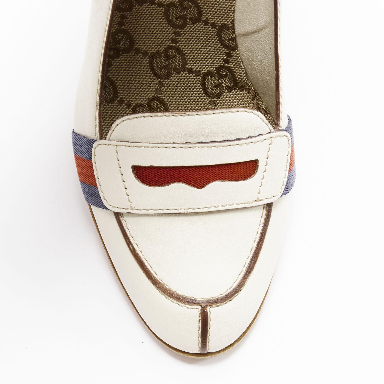 GUCCI white signature Web brown piping high heel loafer pumps EU36.5
Reference: ANWU/A01053
Brand: Gucci
Material: Leather
Color: Off White, Multicolour
Pattern: Solid
Closure: Slip On
Lining: Leather
Extra Details: Brown leather piping