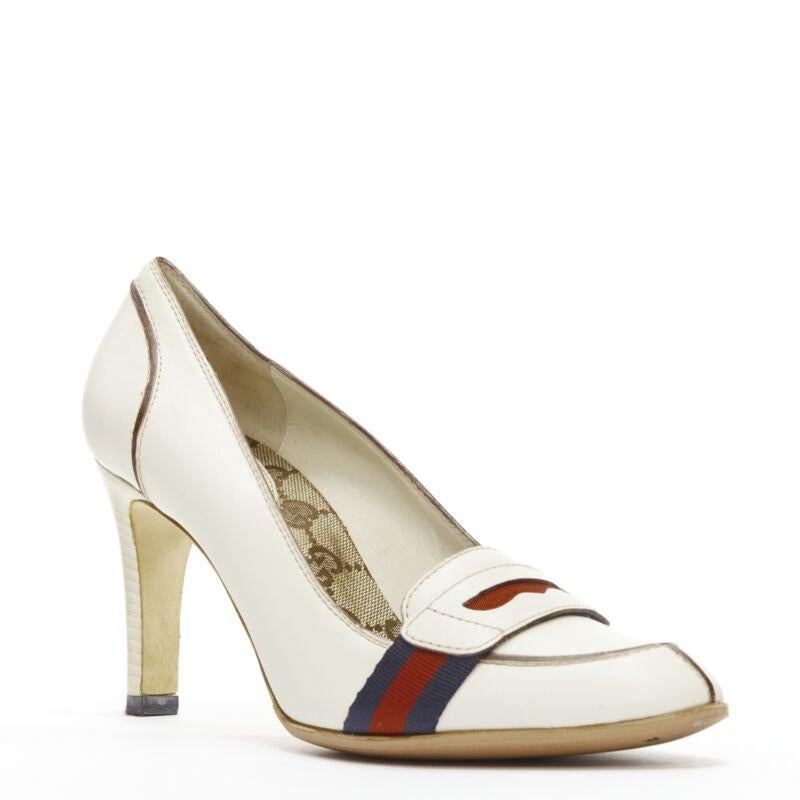 GUCCI white signature Web brown piping high heel loafer pumps EU36.5
Reference: ANWU/A01053
Brand: Gucci
Material: Leather
Color: Off White, Multicolour
Pattern: Solid
Closure: Slip On
Lining:  Leather
Extra Details: Brown leather piping
