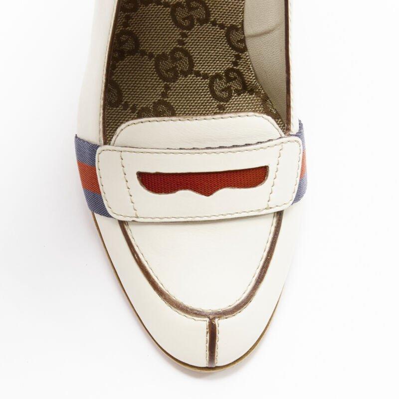 Beige GUCCI white signature Web brown piping high heel loafer pumps EU36.5