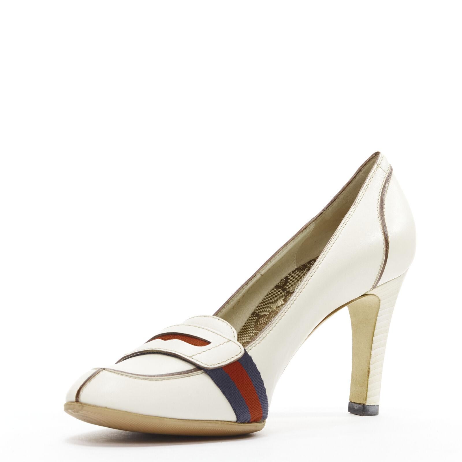 GUCCI white signature Web brown piping high heel loafer pumps EU36.5 In Good Condition For Sale In Hong Kong, NT