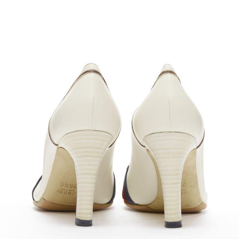 GUCCI white signature Web brown piping high heel loafer pumps EU36.5 1