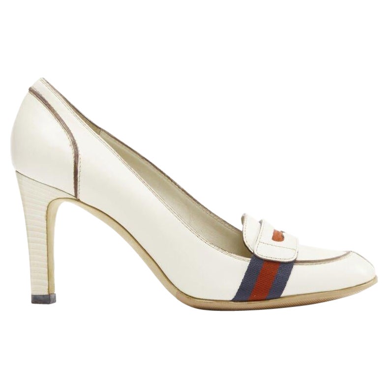 GUCCI white signature Web brown piping high heel loafer pumps EU36.5