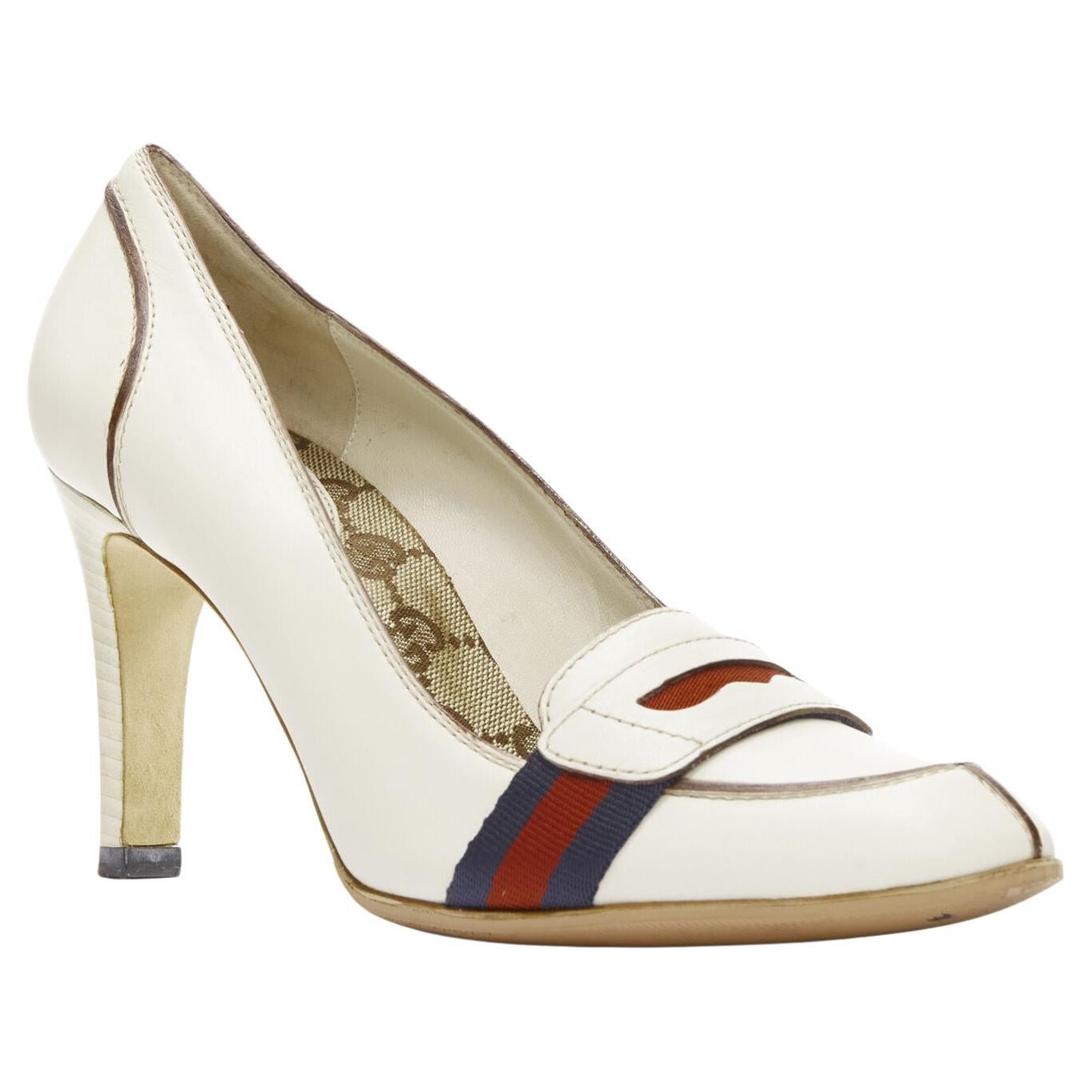 GUCCI white signature Web brown piping high heel loafer pumps EU36.5 For Sale