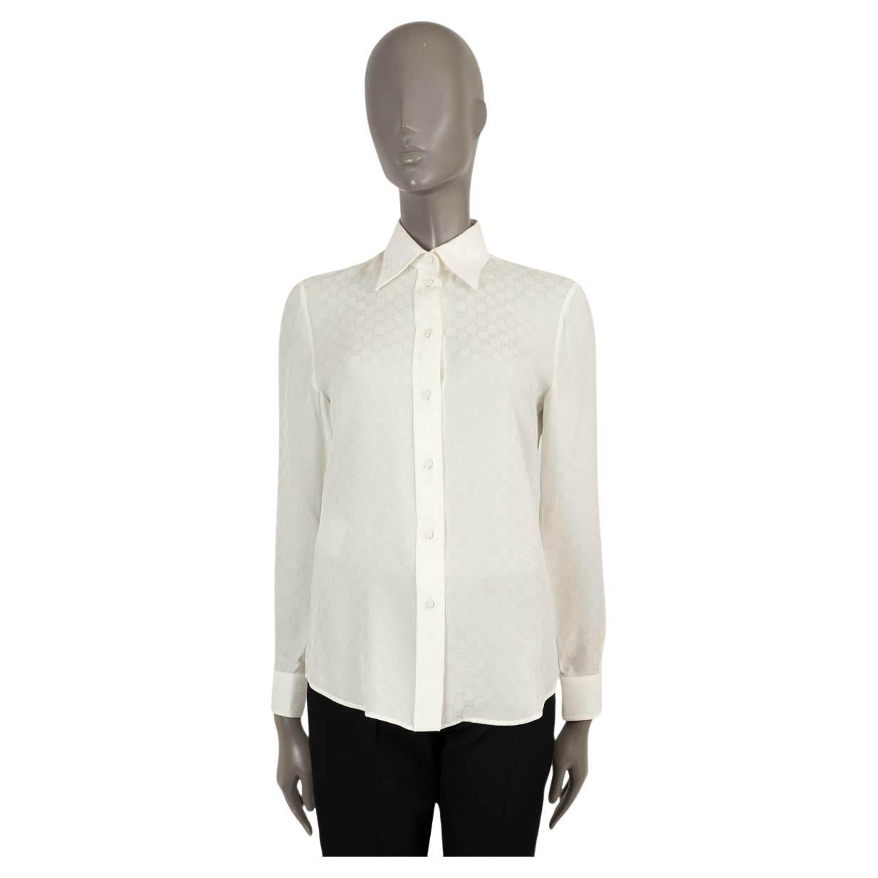 GUCCI white silk CLASSIC GG MONOGRAN Button-Up Shirt 38 XS For Sale