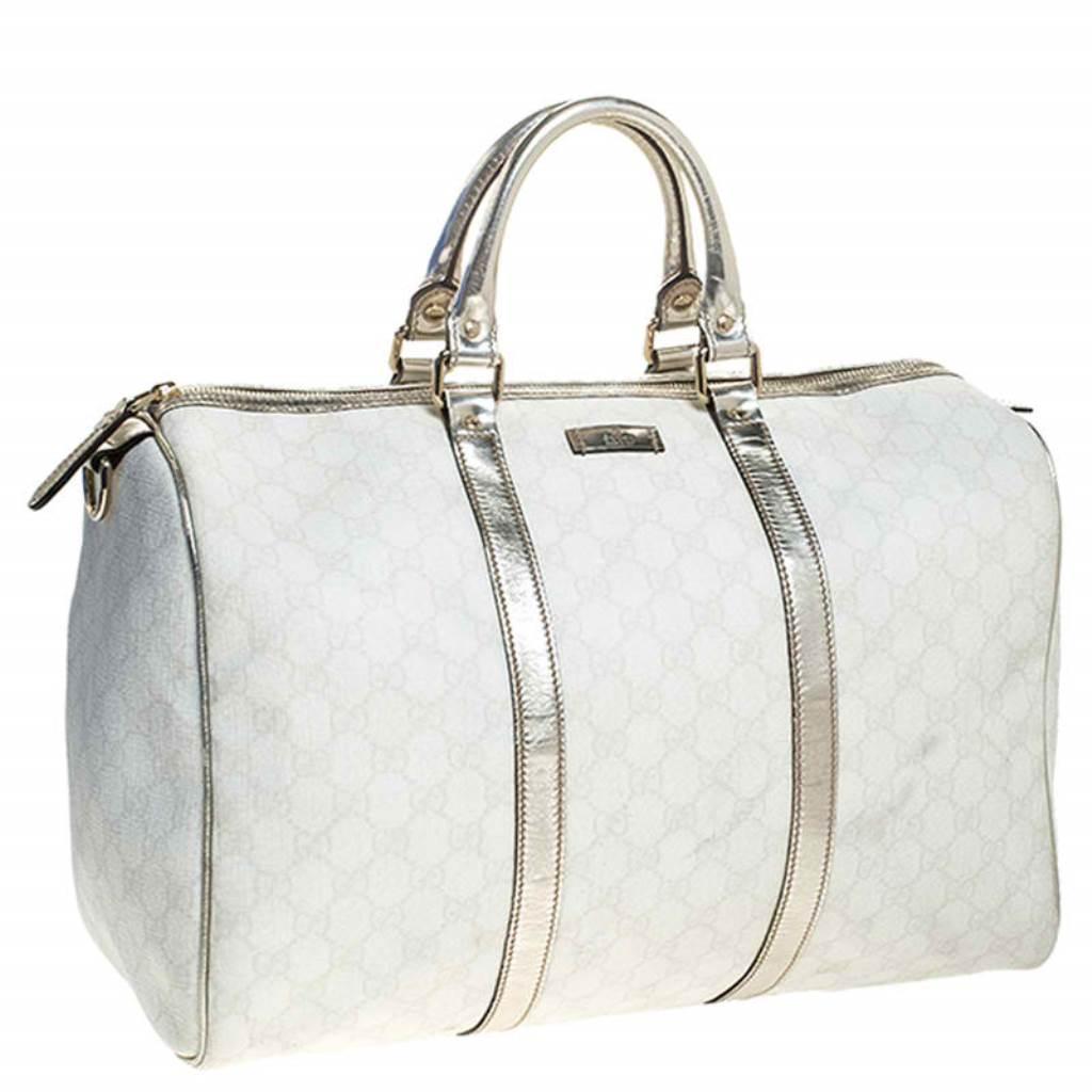 Gray Gucci White/Silver GG Supreme Canvas and Leather Joy Boston Bag