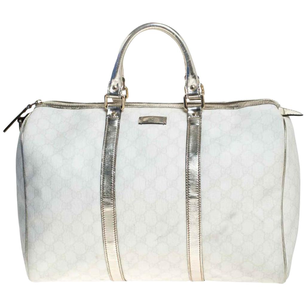 Gucci White/Silver GG Supreme Canvas and Leather Joy Boston Bag