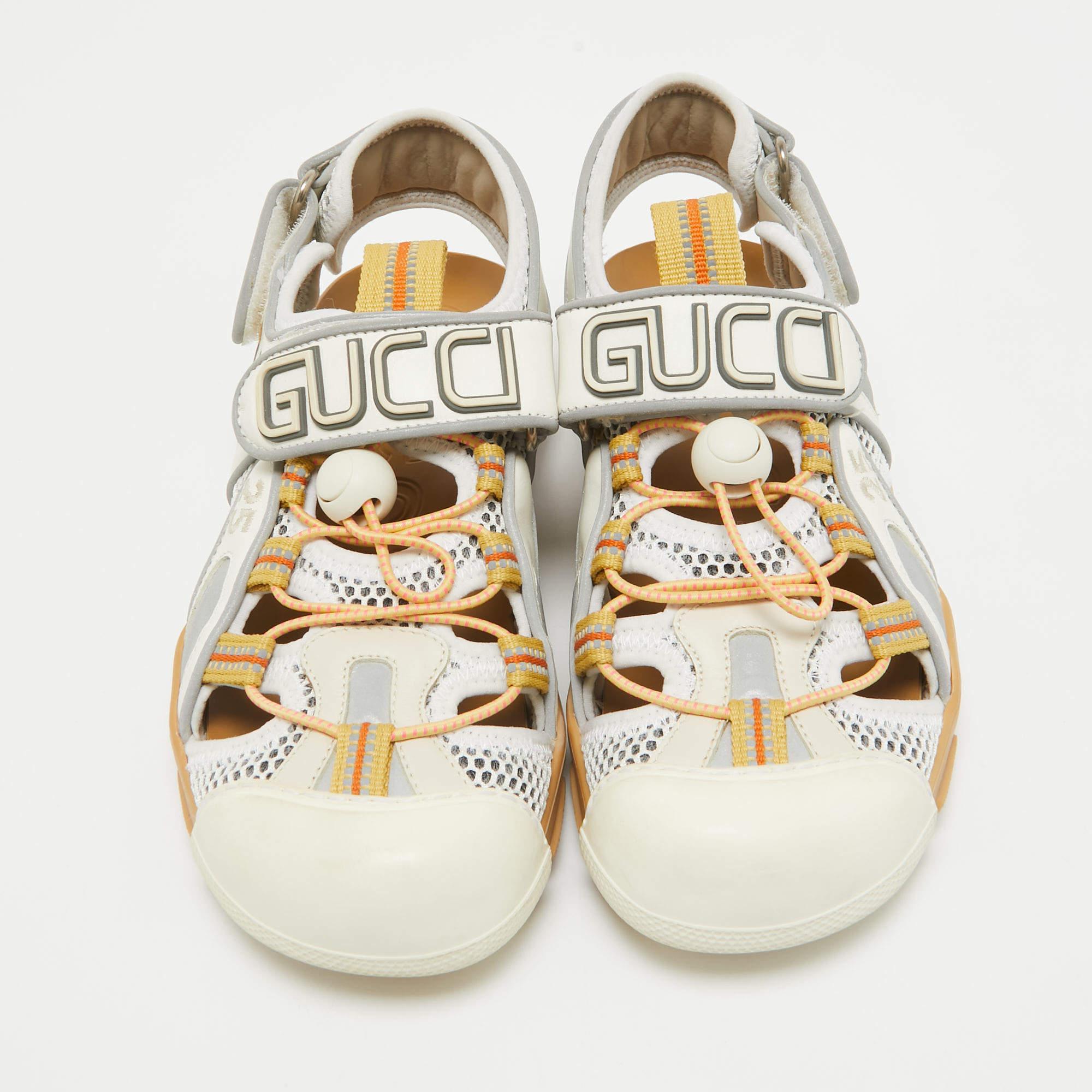 Beige Gucci White/Silver Mesh and Leather Tinsel Sport Sandals Size 36 For Sale