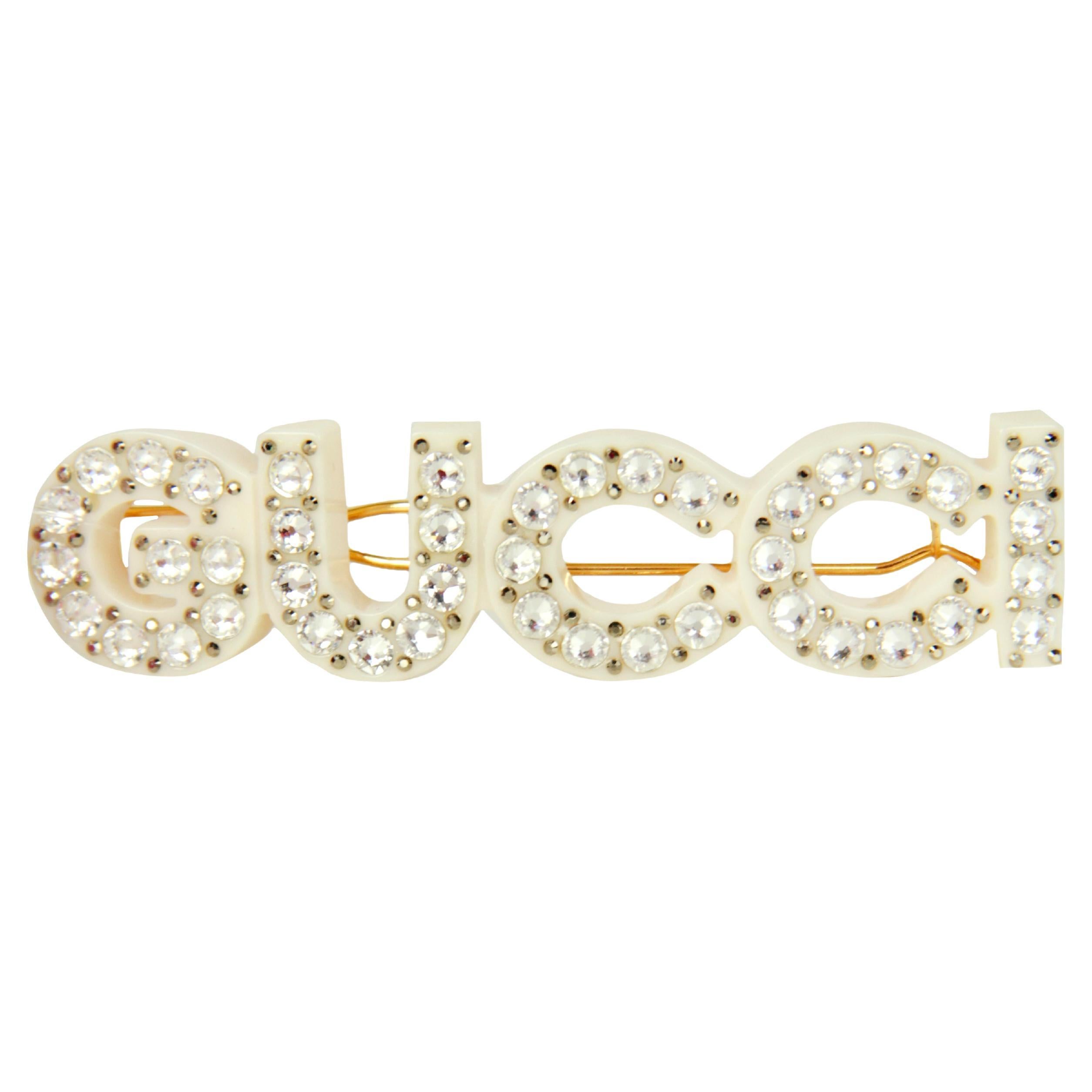 Gucci White Small Crystal Resin Hair Clip For Sale at 1stDibs