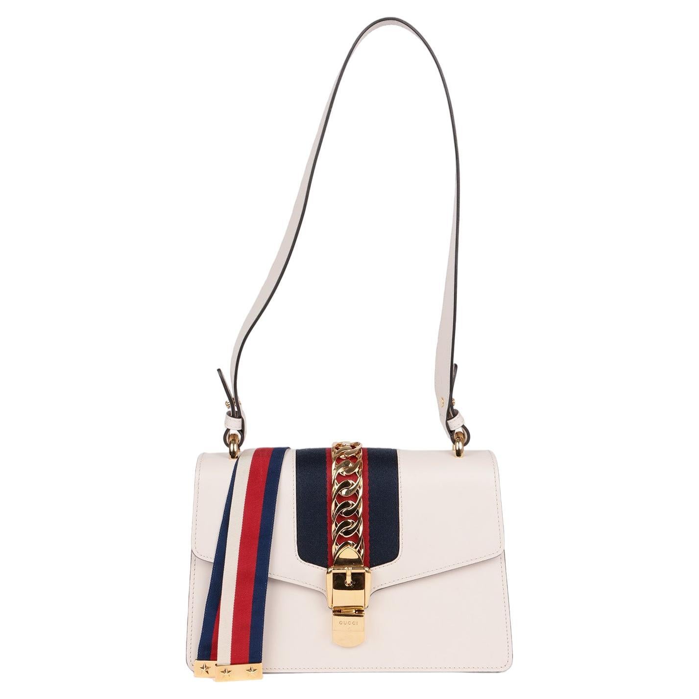 Gucci White Smooth Calfskin Leather , Red & Blue Web Small Sylvie