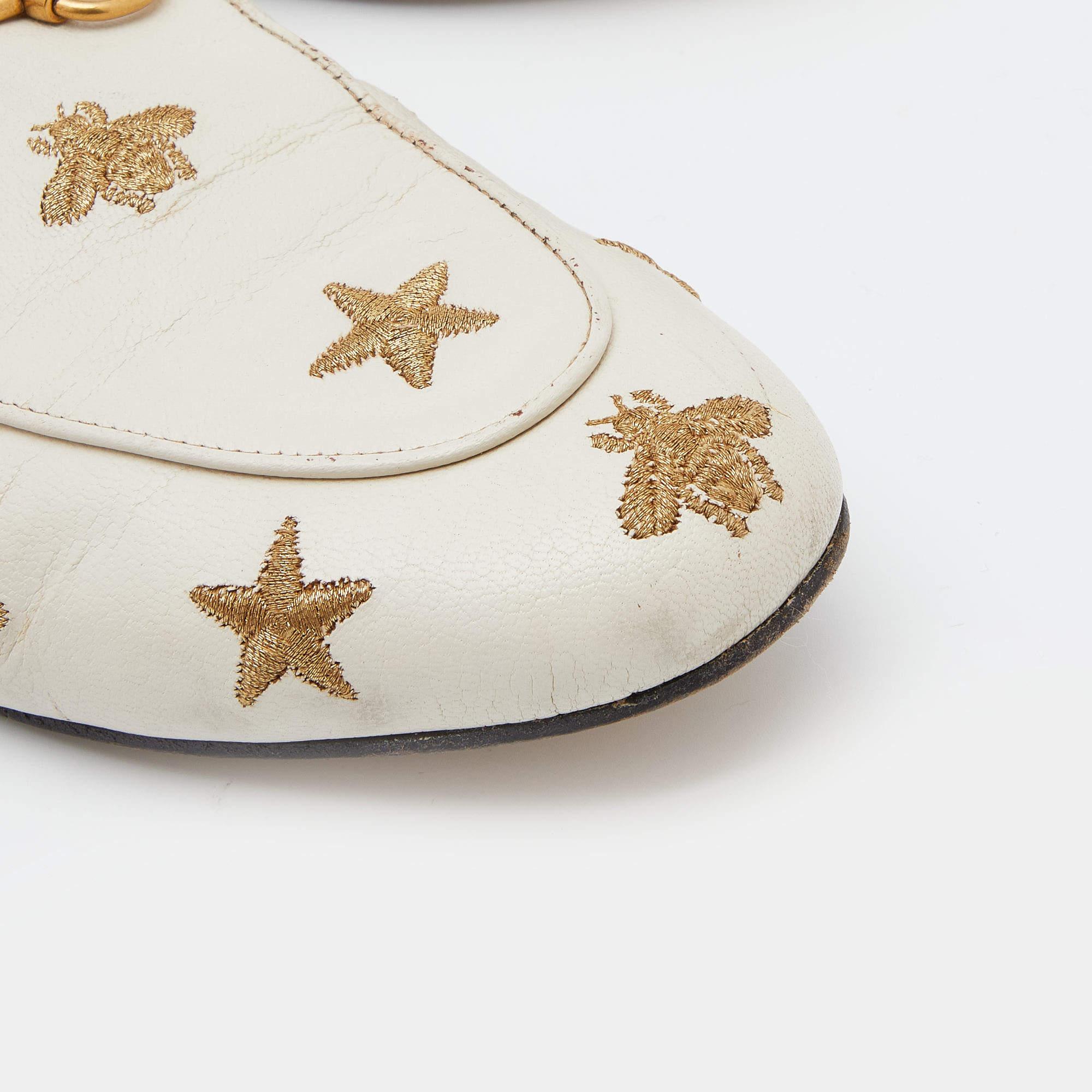 Women's Gucci White Star And Bee Embroidered Leather Princetown Horsebit Flat Mules Size For Sale