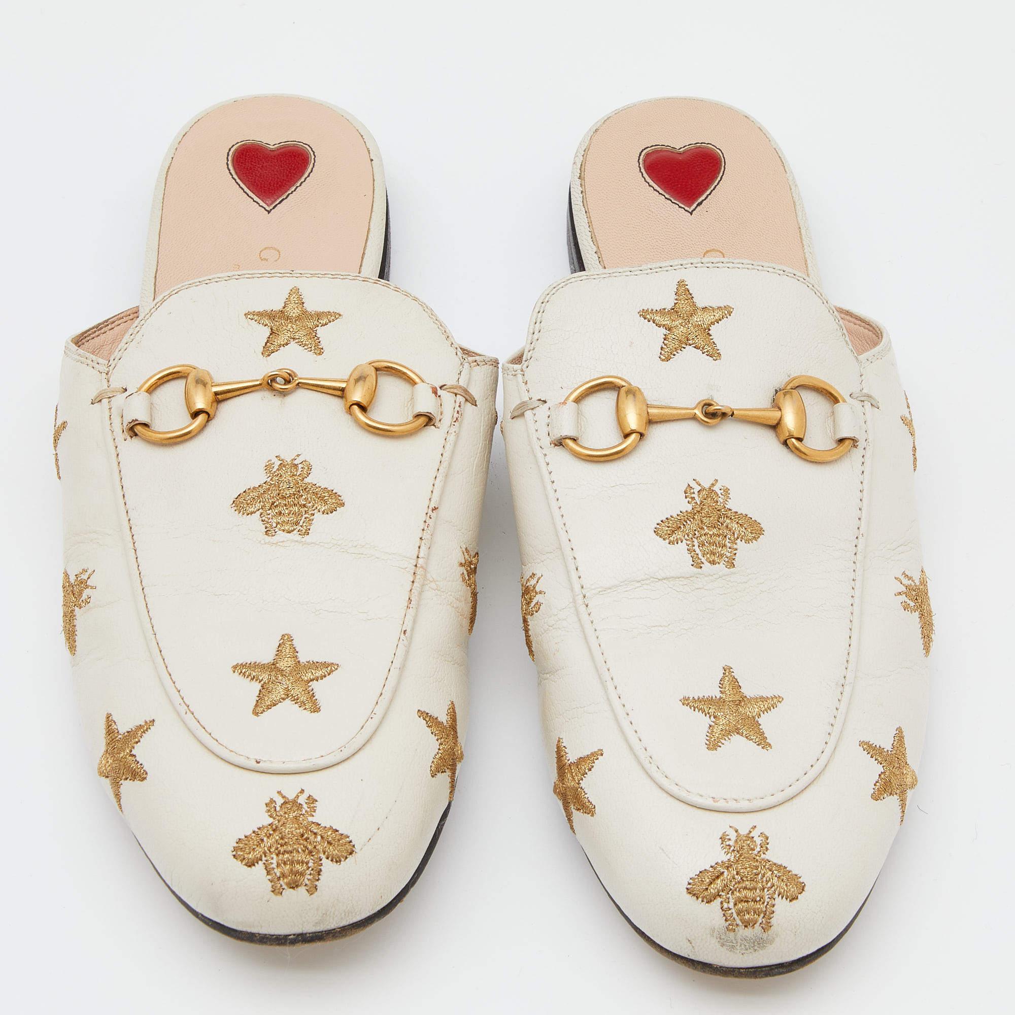 Gucci White Star And Bee Embroidered Leather Princetown Horsebit Flat Mules Size For Sale 2