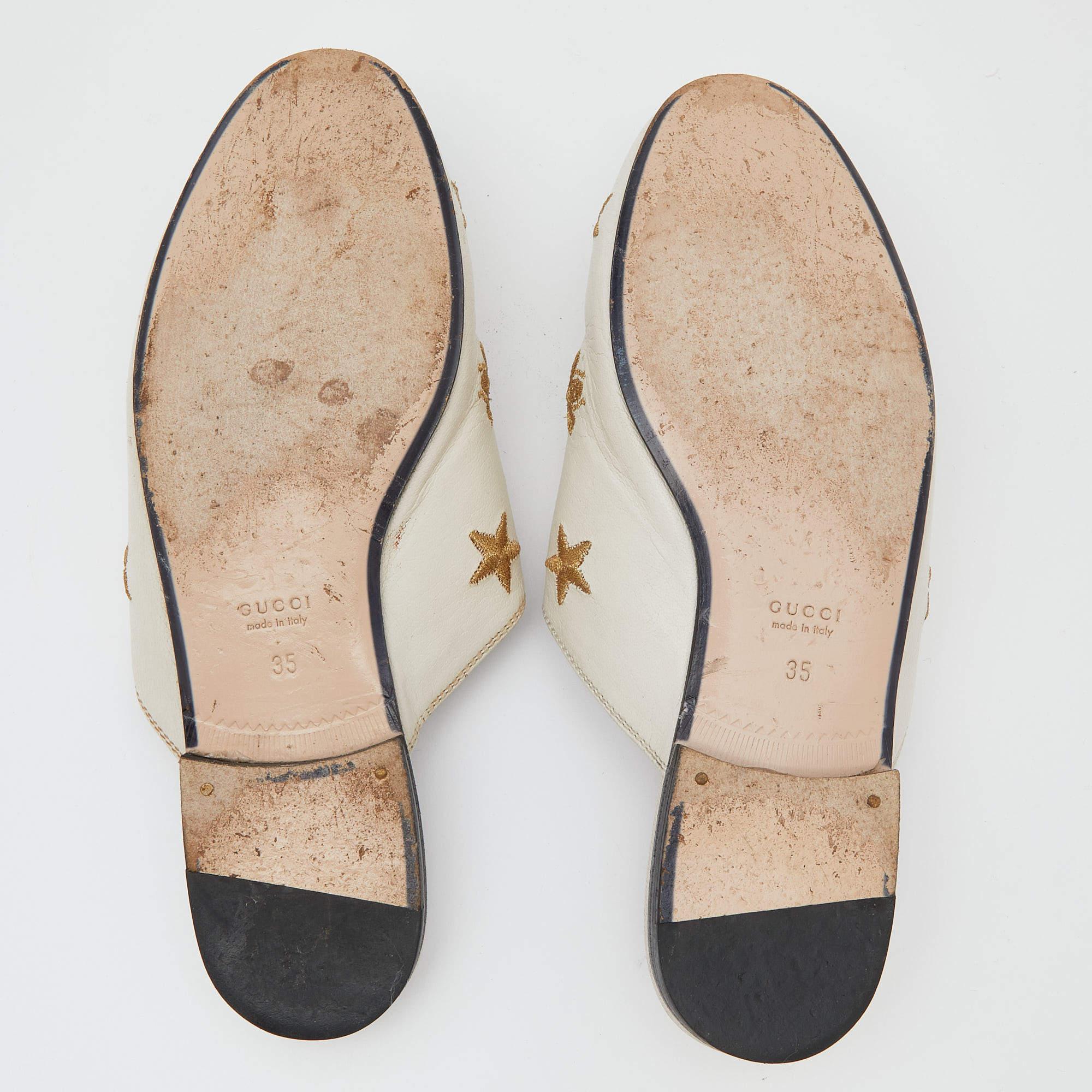 Gucci White Star And Bee Embroidered Leather Princetown Horsebit Flat Mules Size For Sale 3