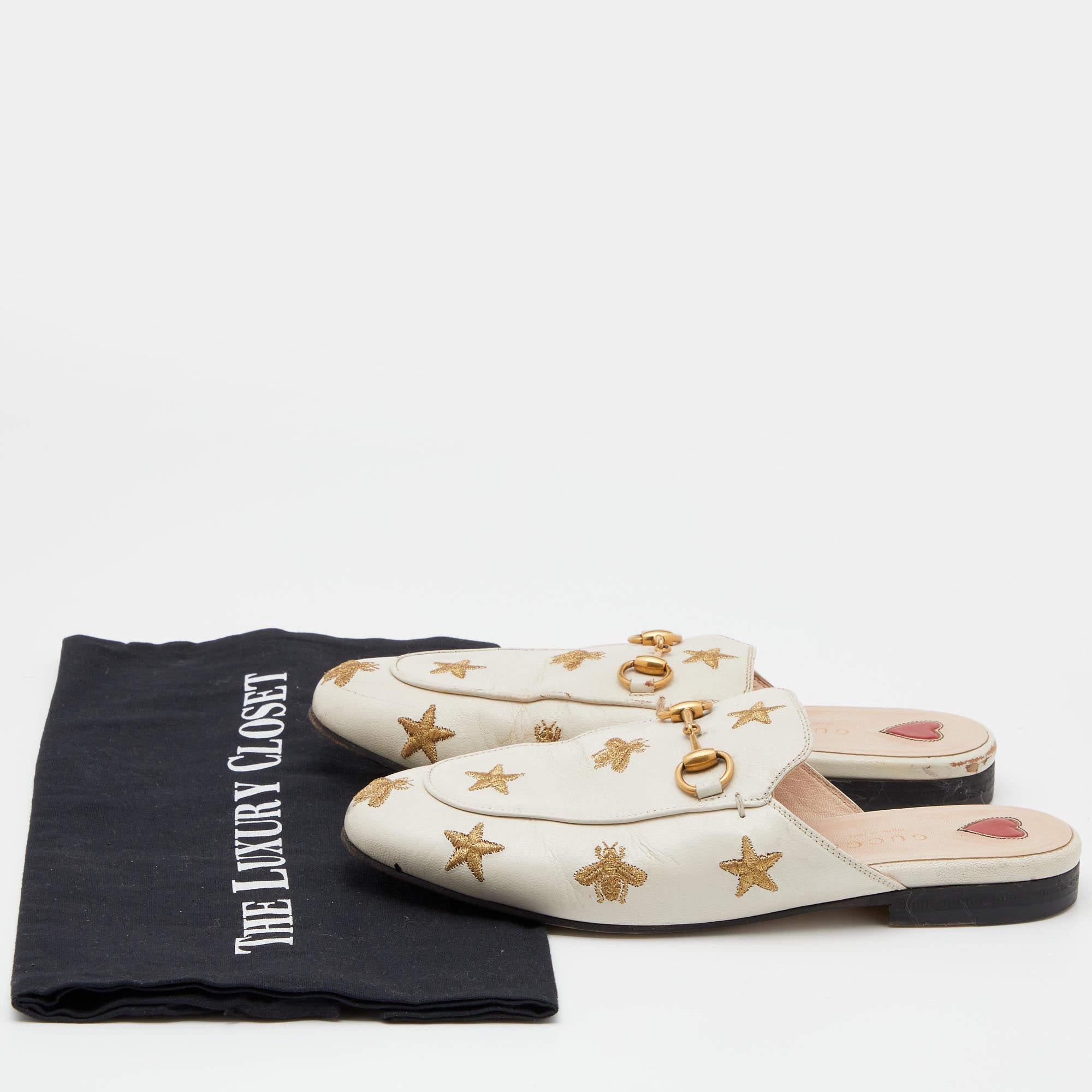 Gucci White Star And Bee Embroidered Leather Princetown Horsebit Flat Mules Size For Sale 4