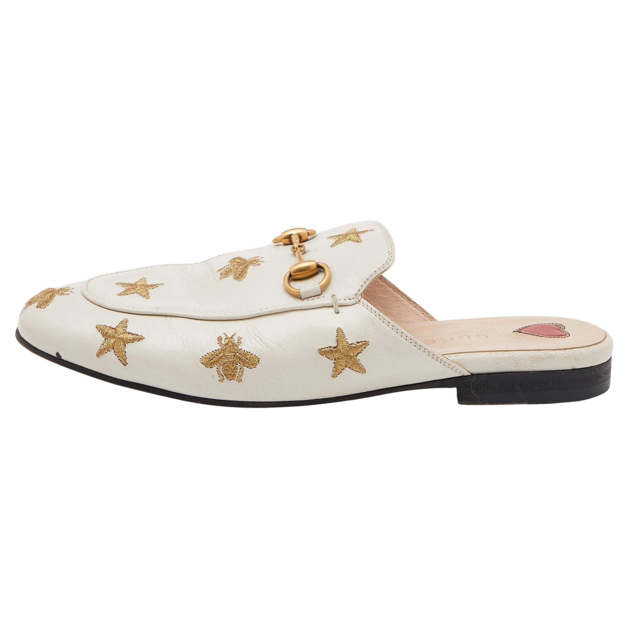 Gucci White Star And Bee Embroidered Leather Princetown Horsebit Flat Mules Size For Sale