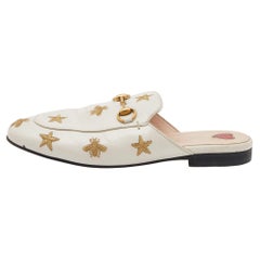 Gucci White Star And Bee Embroidered Leather Princetown Horsebit Flat Mules Size