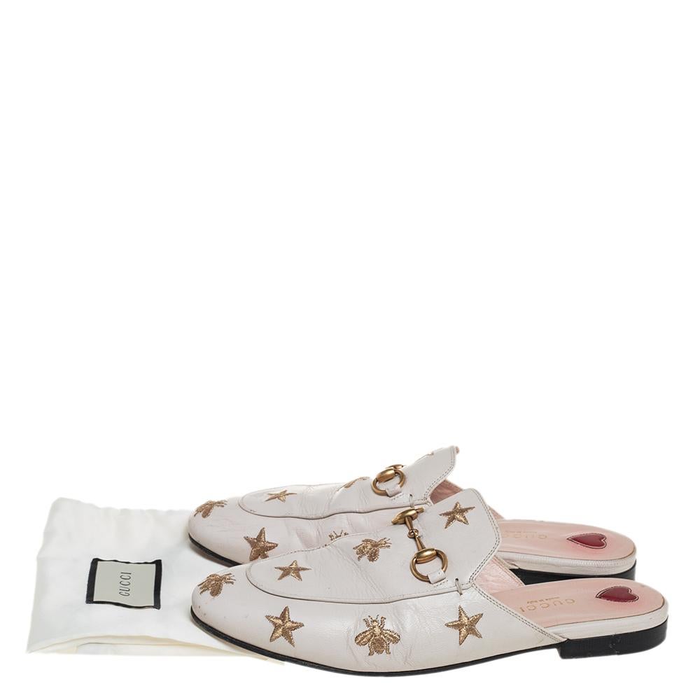 Gucci Weiß Stern und Biene bestickt Leder Princetown Horsebti Mules Größe 37::5 2