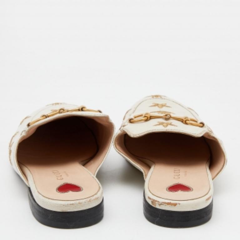 Gucci White Star&Bee Embroidered Leather Princetown Horsebit Flat Mules Size 35 For Sale 1