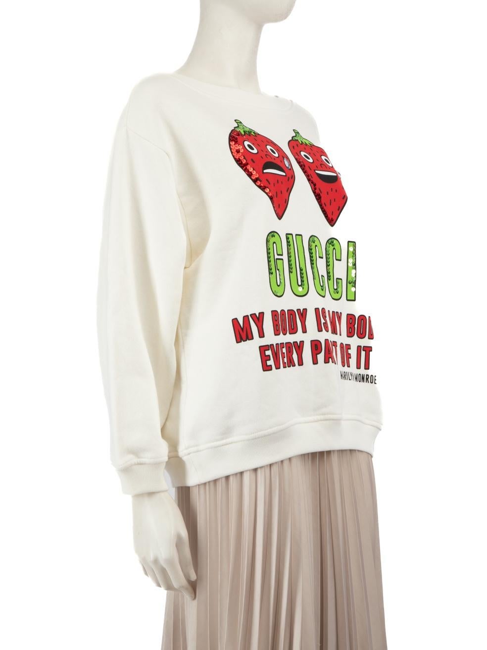 L'ÉTAT est Jamais porté, avec les étiquettes. Aucune usure visible sur le dessus n'est évidente sur ce nouvel article de revente du créateur Gucci.
 
 Détails
 Blanc
 Coton
 Sweatshirt
 Manches longues
 Col rond
 Logo imprimé fraise
 Paillettes