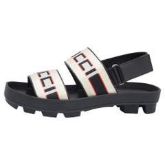 Used Gucci White Stripe Logo Canvas Slingback Sandals Size 40